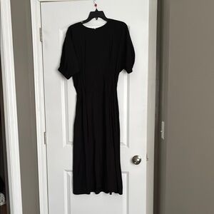Black Ribbed Sheath Dress with Puff Sleeves